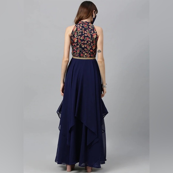 Cbazaar navy blue georgette gown with embroidered halter top NEVER WORN - Picture 4 of 4